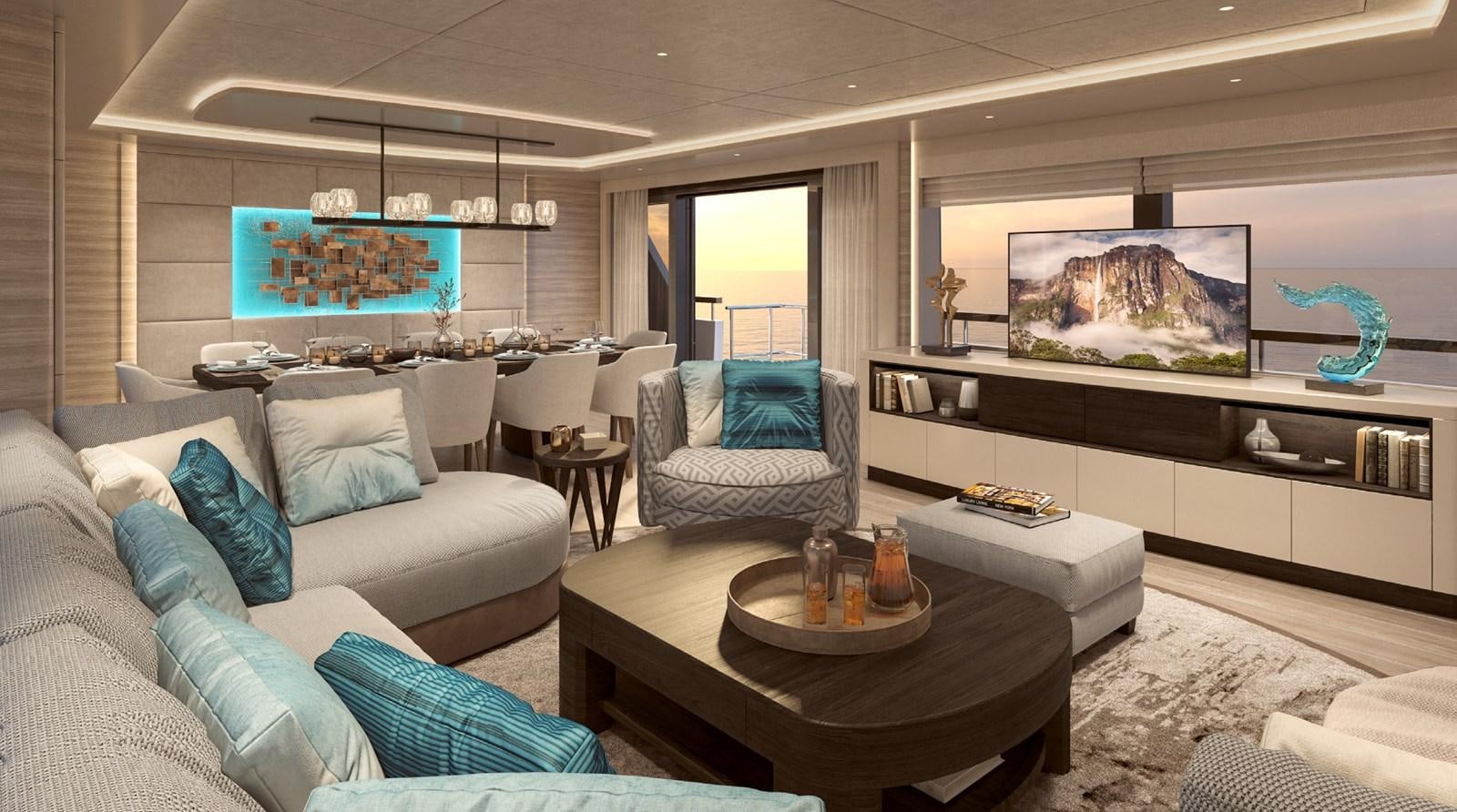 a living room with a couch and a coffee table aboard THE VESSEL Yacht for Sale