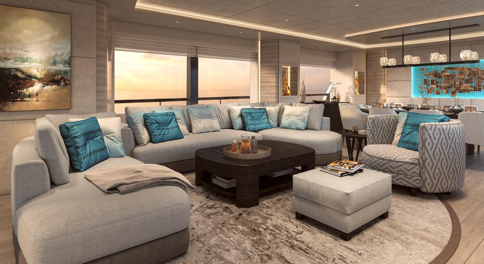 a living room with a couch and a coffee table aboard THE VESSEL Yacht for Sale
