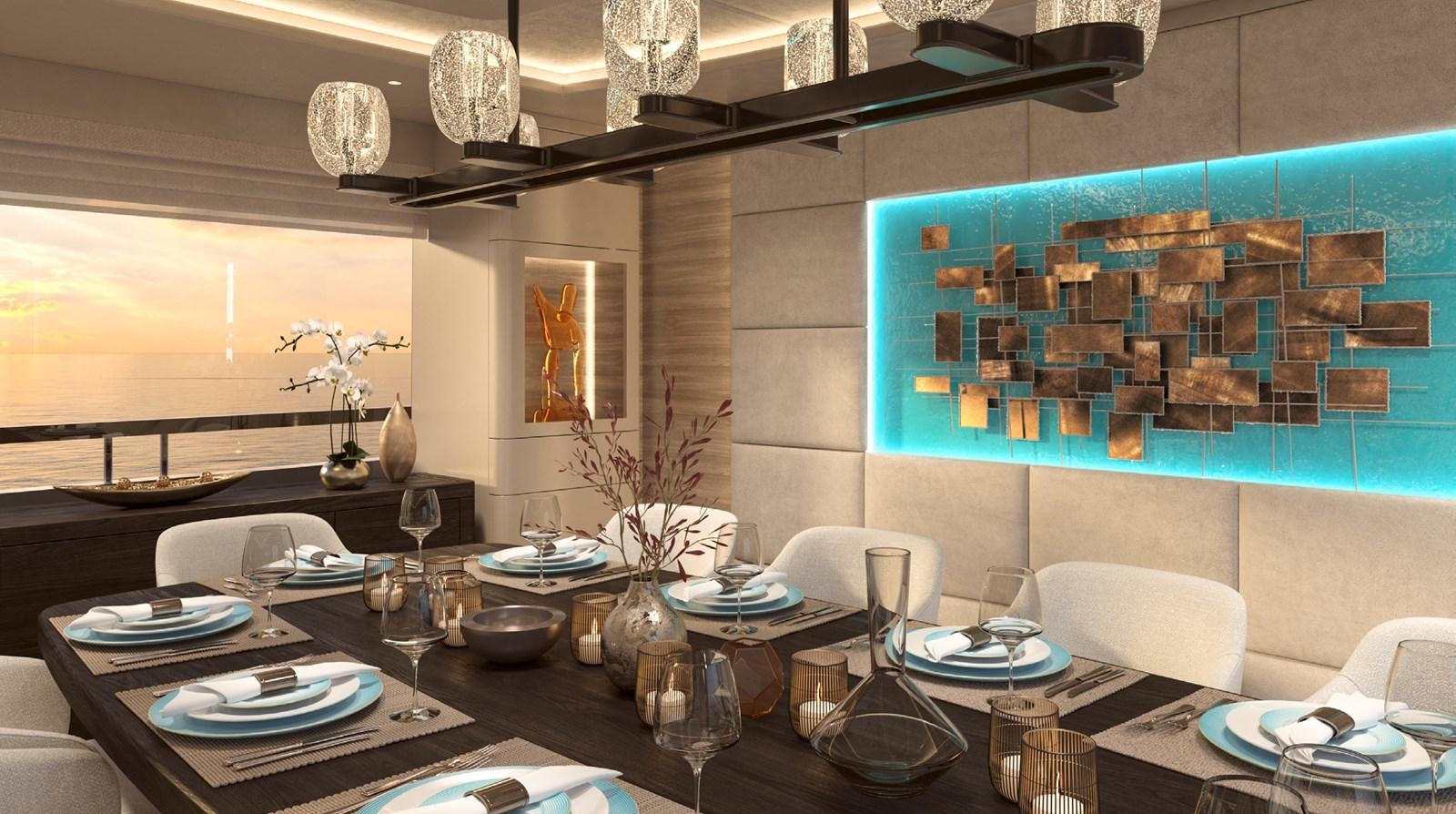 a room with a table and chairs aboard THE VESSEL Yacht for Sale