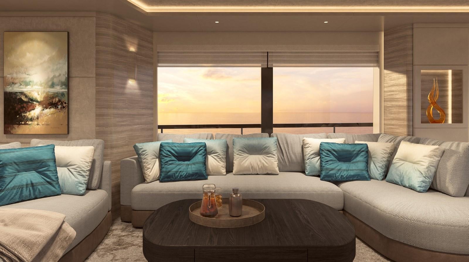 a living room with a couch and a table aboard THE VESSEL Yacht for Sale