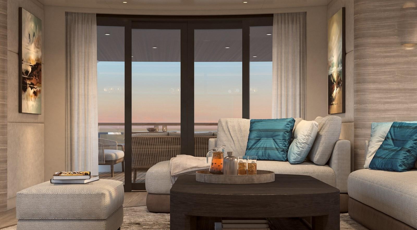 a room with a table and a couch aboard THE VESSEL Yacht for Sale