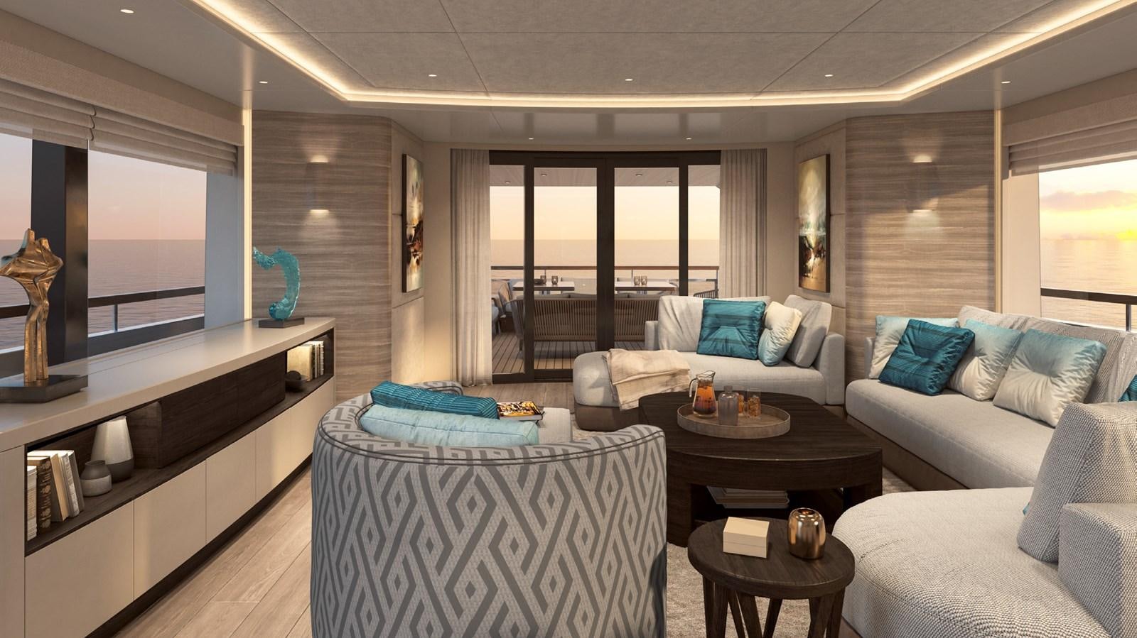 a living room with a large window aboard THE VESSEL Yacht for Sale