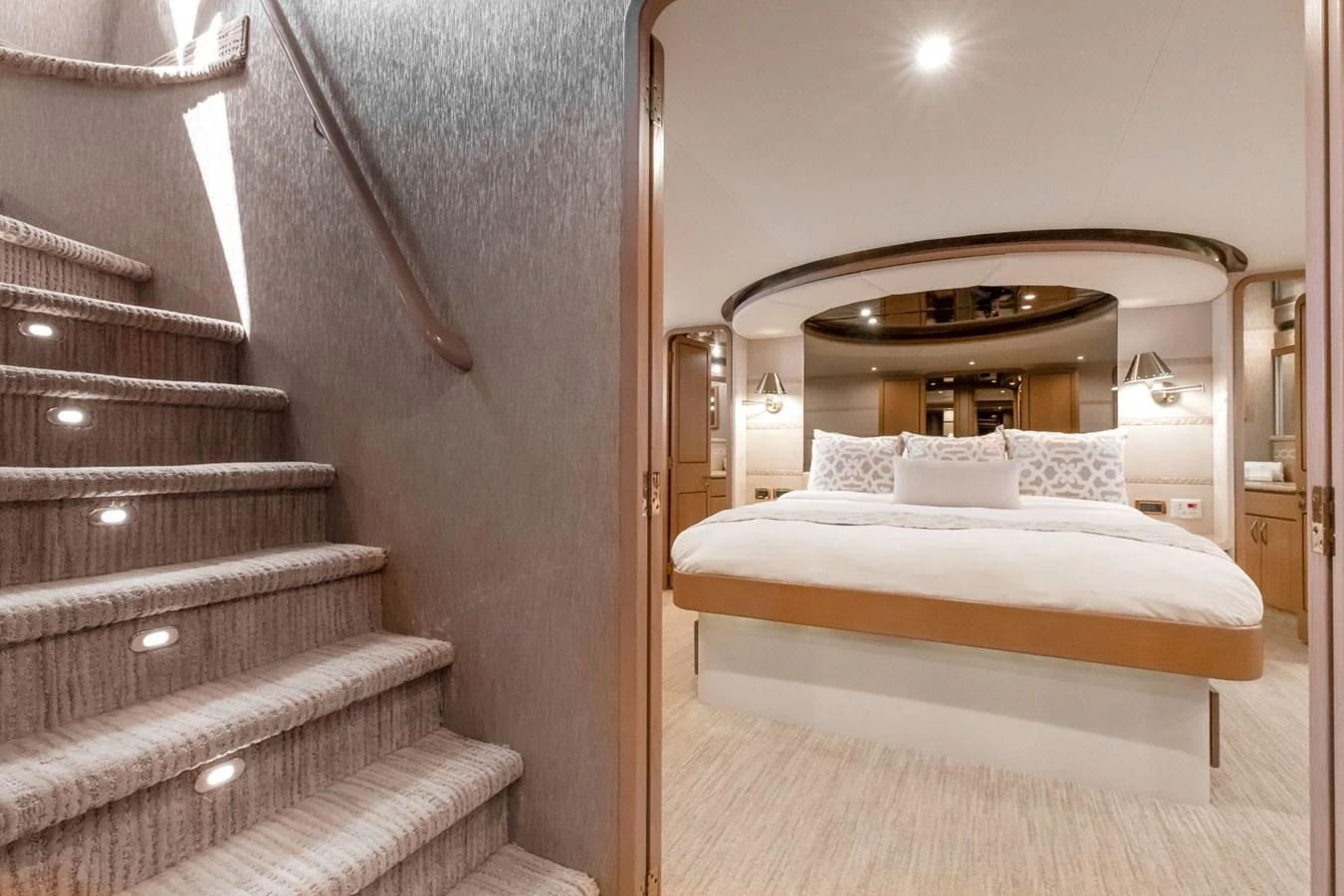 a bed in a room aboard CHECKERED PAST Yacht for Sale