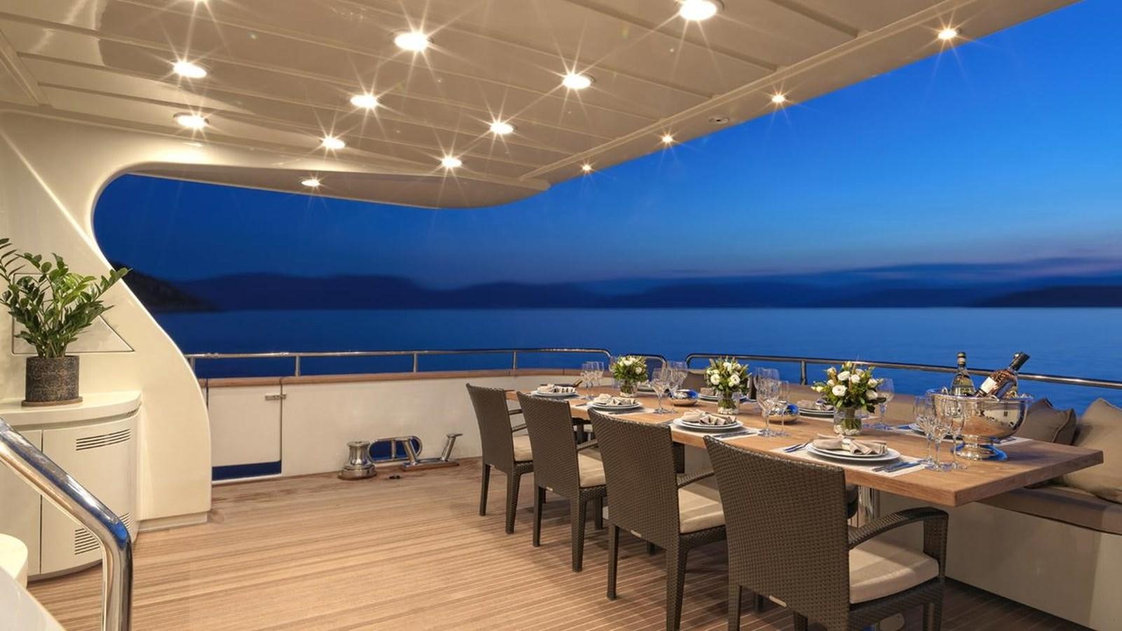 a large room with a table and chairs aboard SANSARA Yacht for Sale