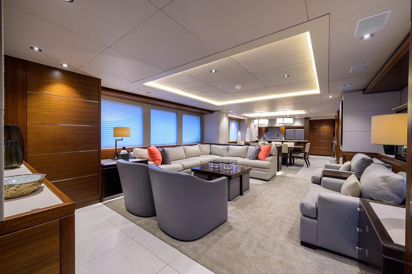 a living room with a large window aboard LACEY KAY Yacht for Sale