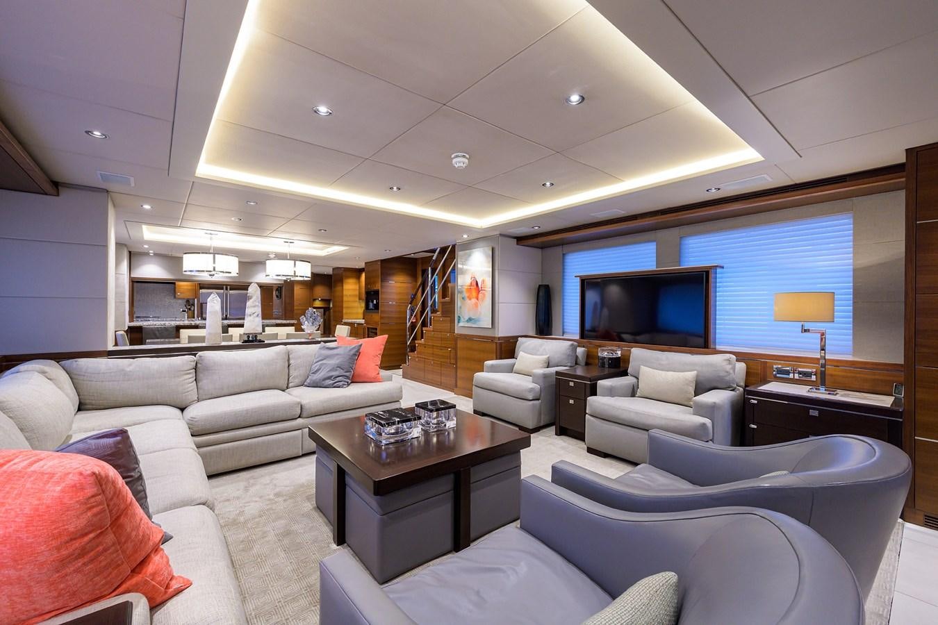 a living room with a staircase aboard LACEY KAY Yacht for Sale