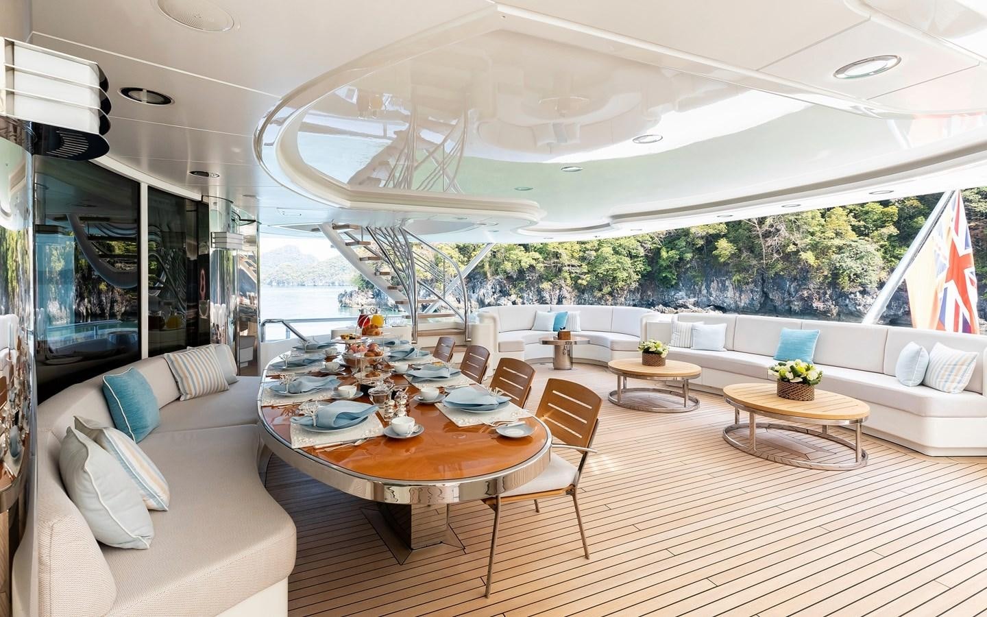 a living room with a large glass ceiling aboard FELIX Yacht for Sale