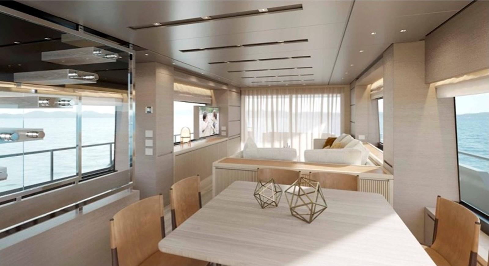 a large room with a table and chairs aboard SANLORENZO SL78/815 Yacht for Sale