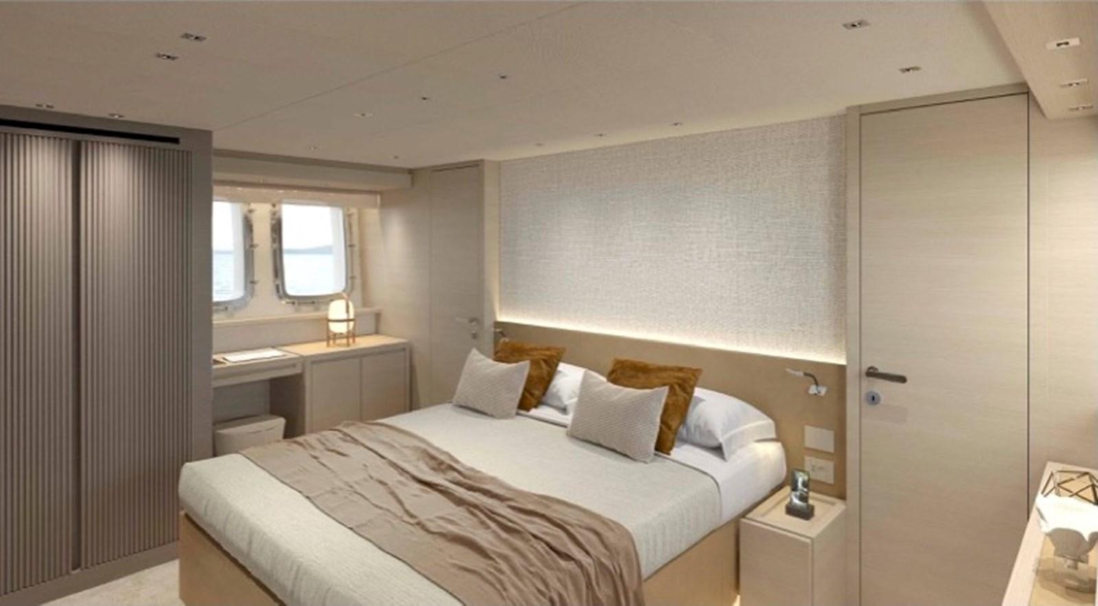 a bedroom with a bed and a window aboard SANLORENZO SL78/815 Yacht for Sale