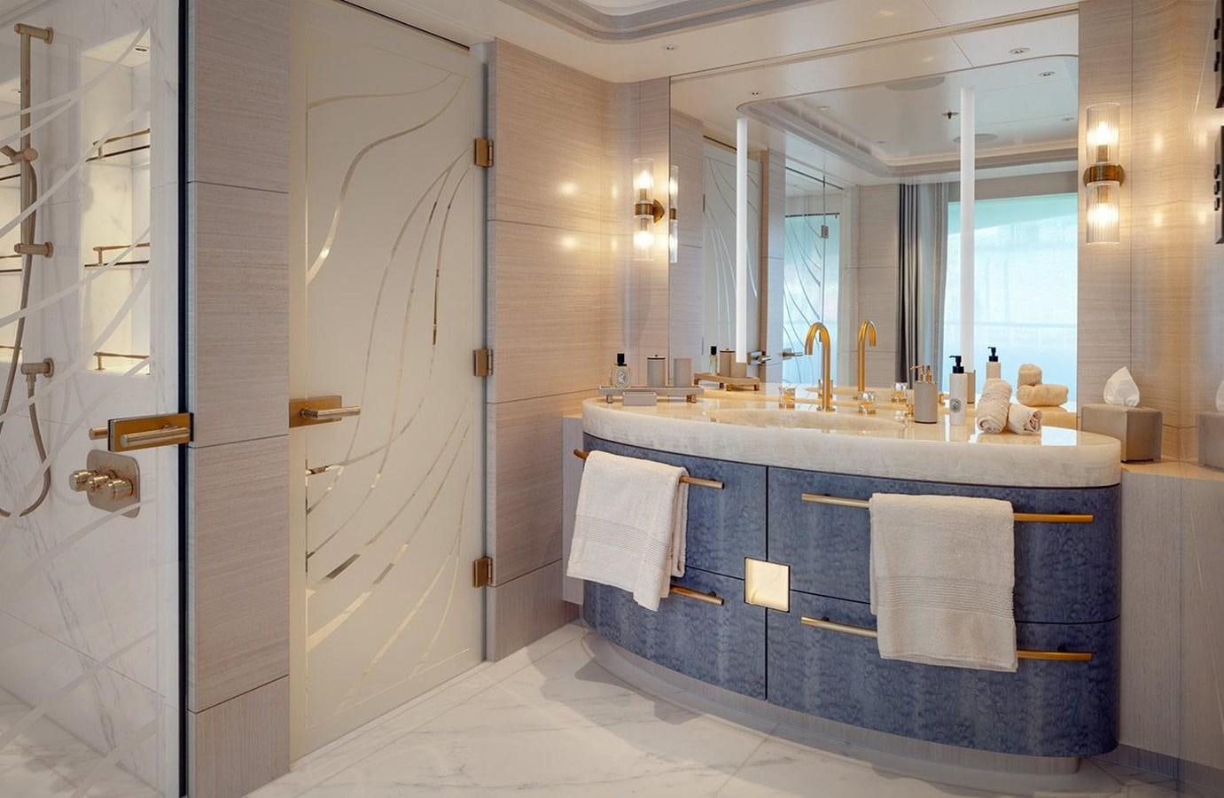 a bathroom with a large mirror aboard SPARTA Yacht for Sale