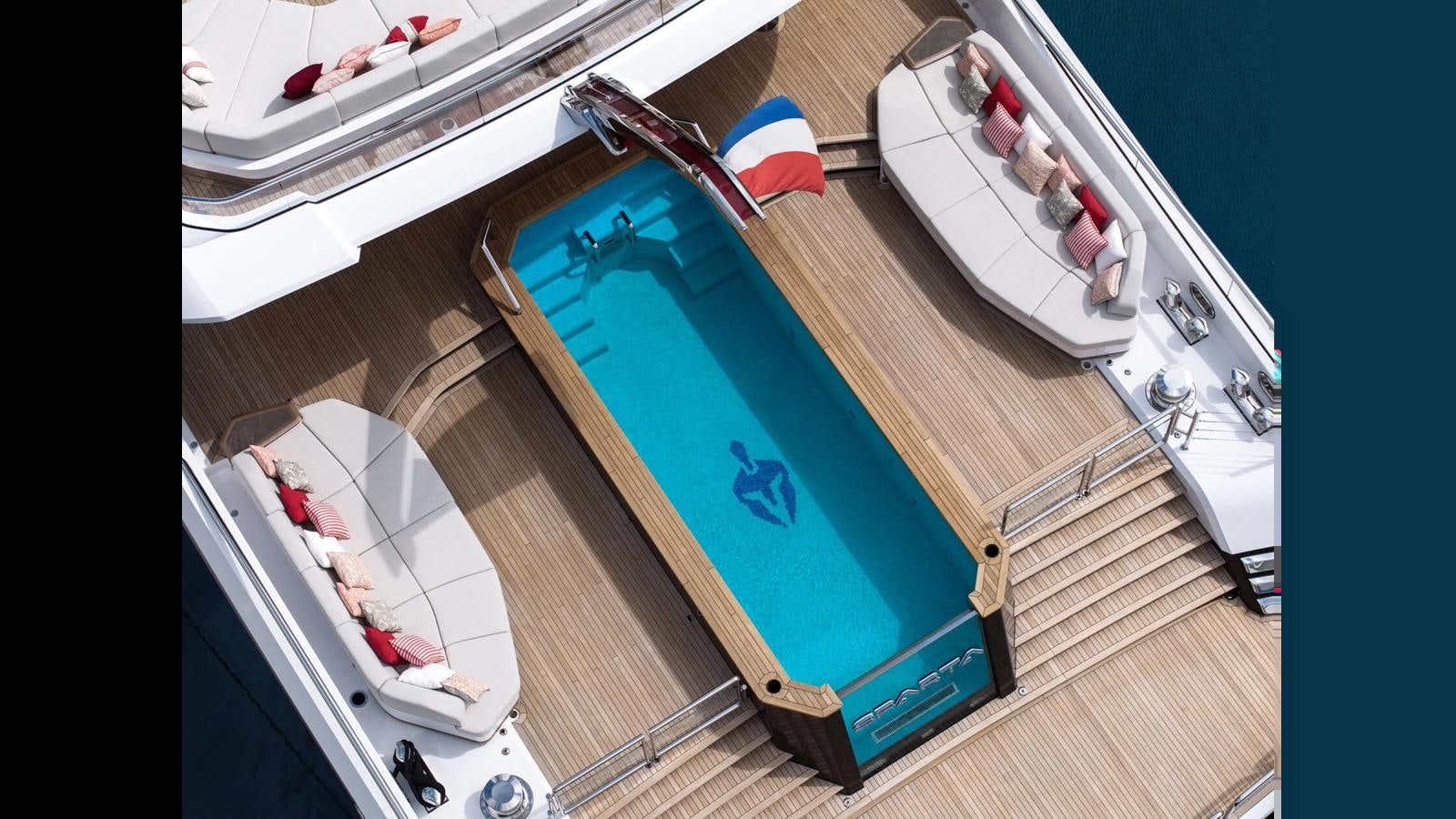 a blue and white boat aboard SPARTA Yacht for Sale