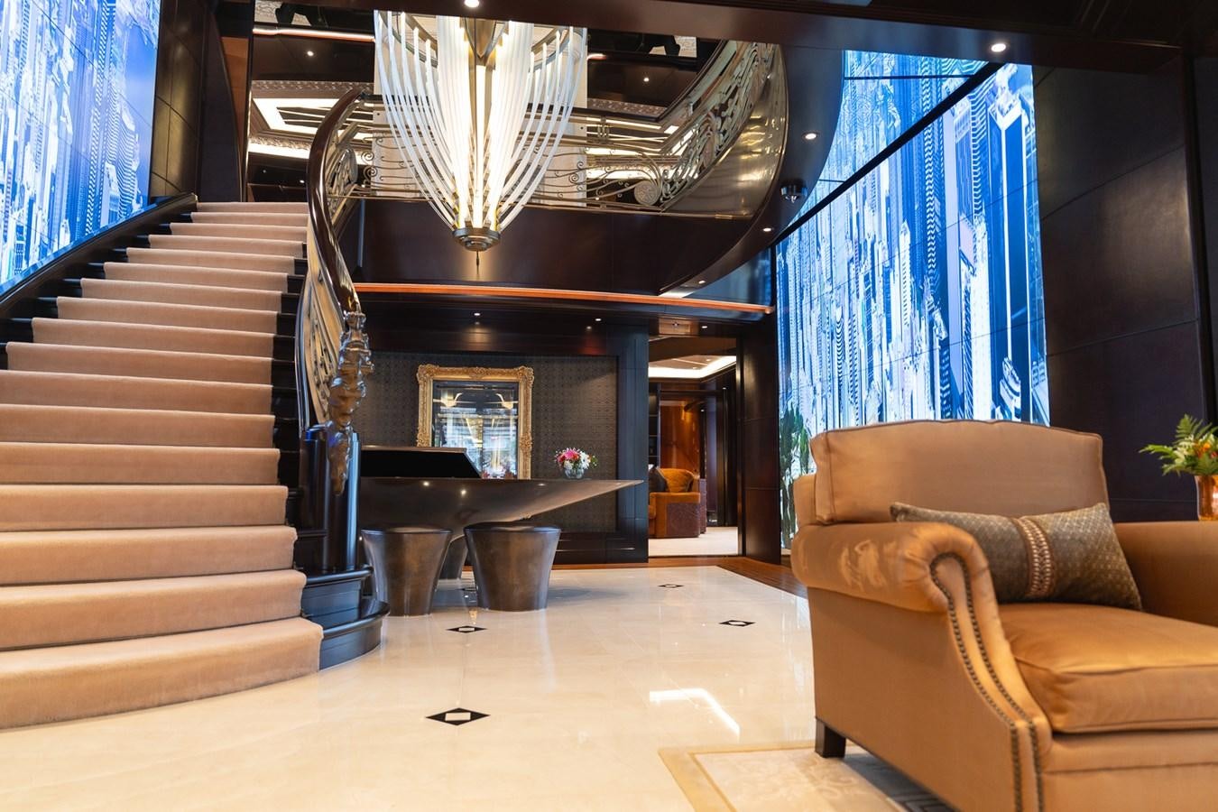 a living room with a fireplace aboard WHISPER Yacht for Sale