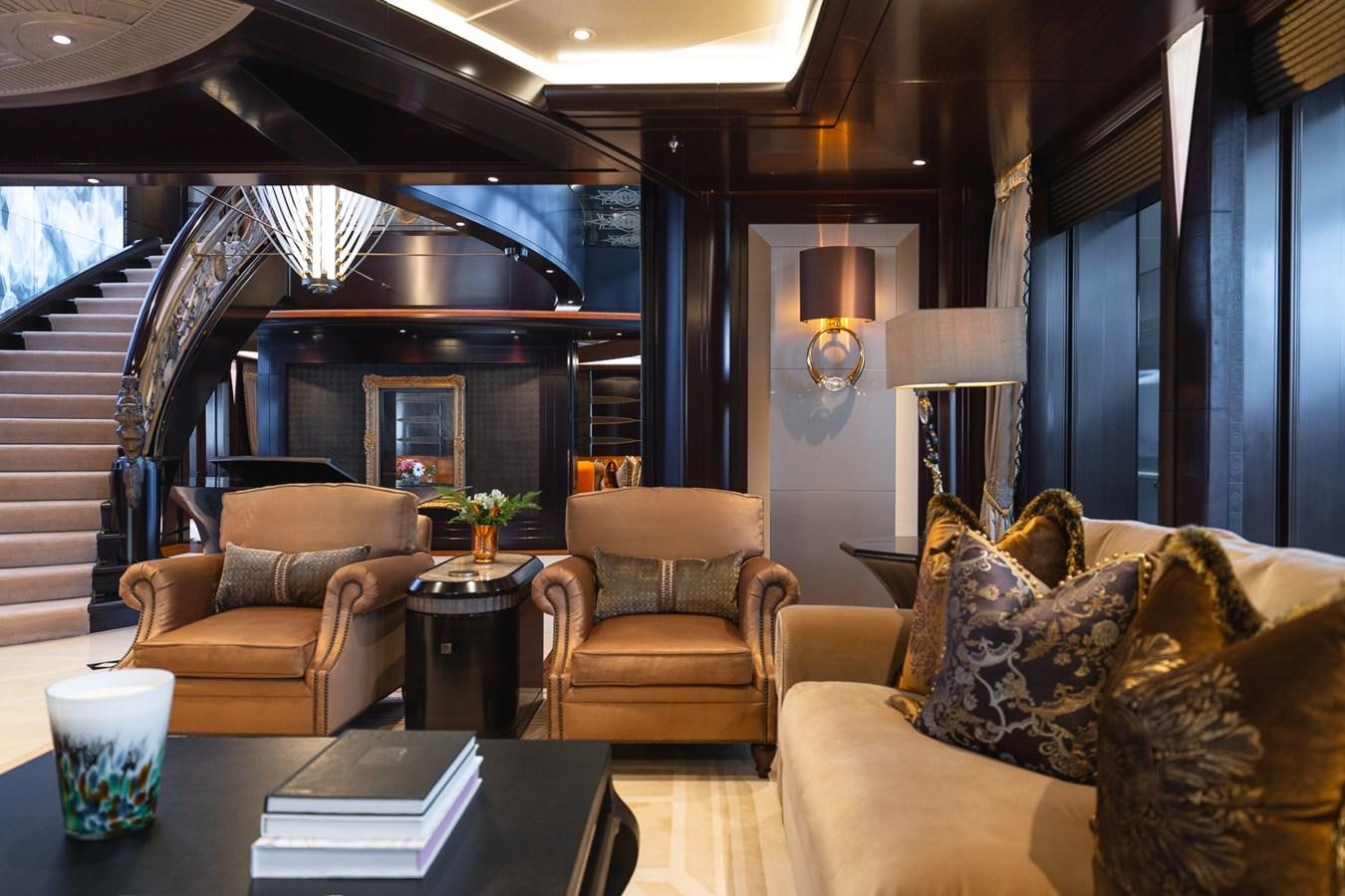 a living room with a fireplace aboard WHISPER Yacht for Sale