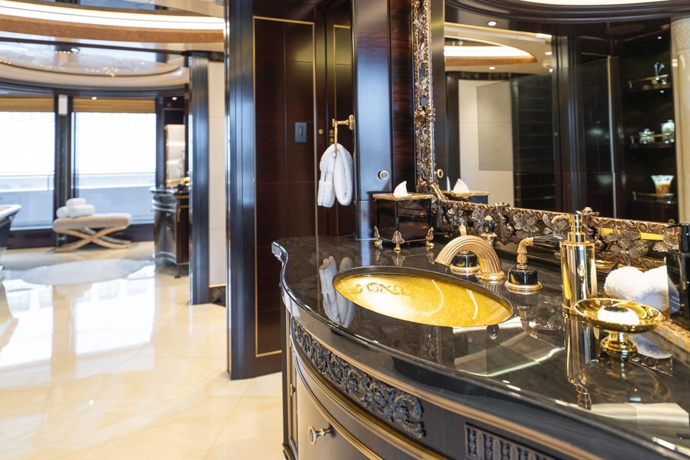 a bathroom with a sink and a mirror aboard WHISPER Yacht for Sale