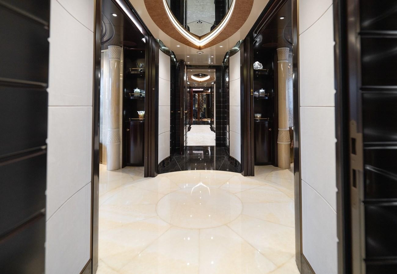 a large bathroom with a round shower aboard WHISPER Yacht for Sale