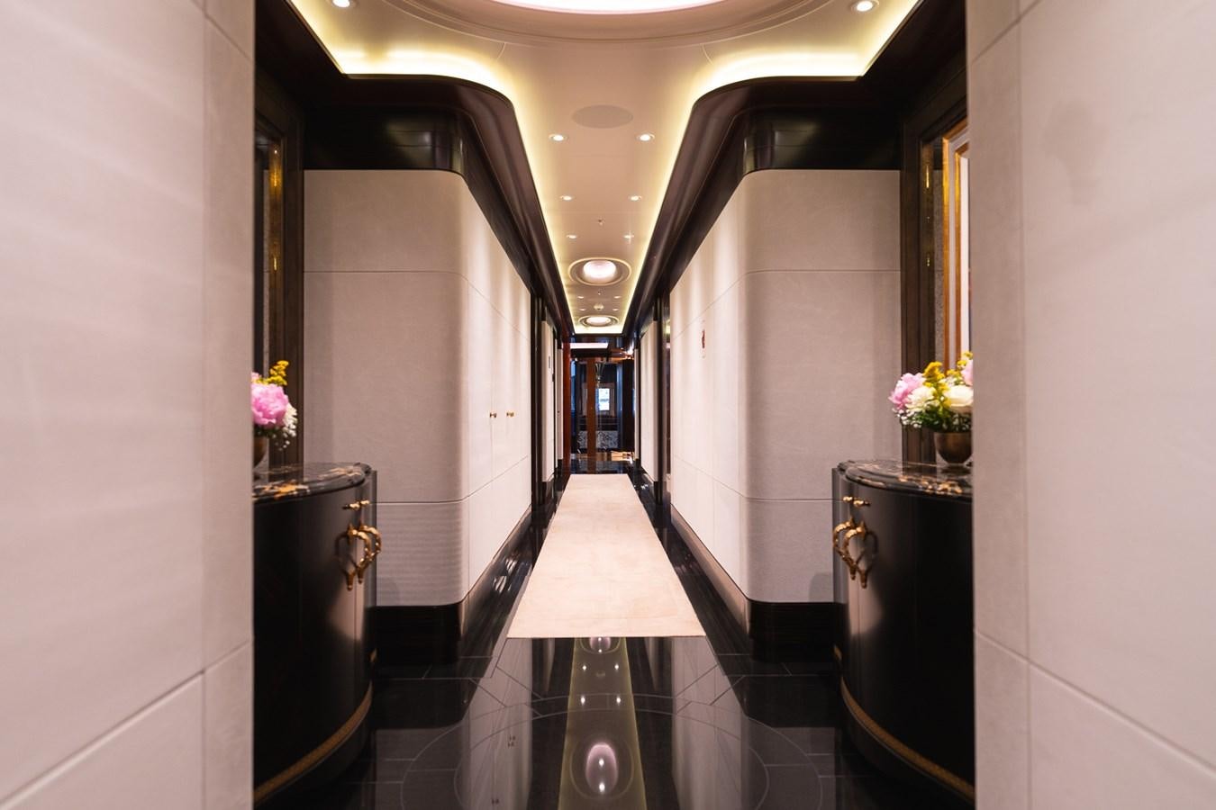 a hallway with white walls aboard WHISPER Yacht for Sale