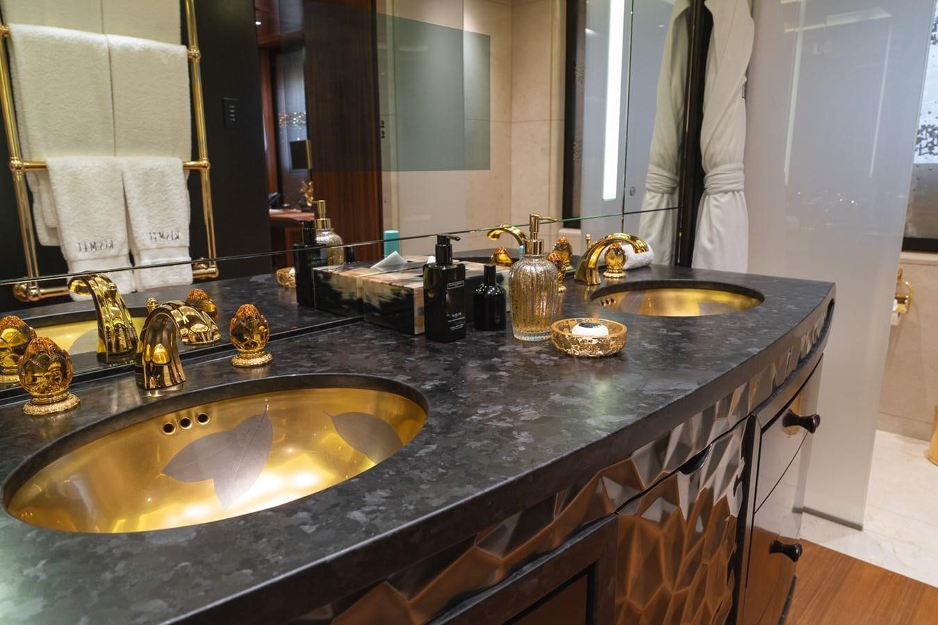 a bathroom with a countertop sink aboard WHISPER Yacht for Sale