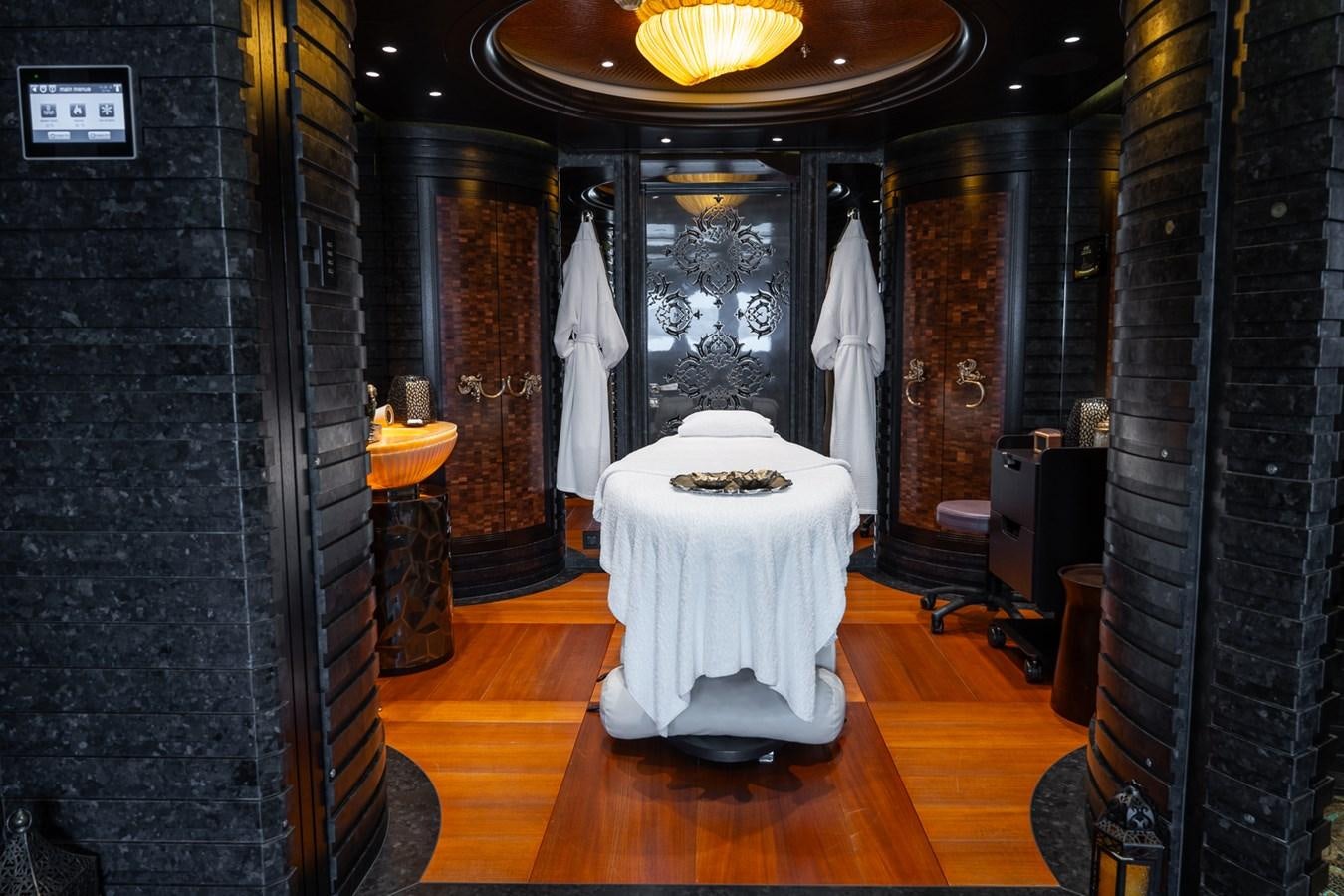 a white table in a room aboard WHISPER Yacht for Sale