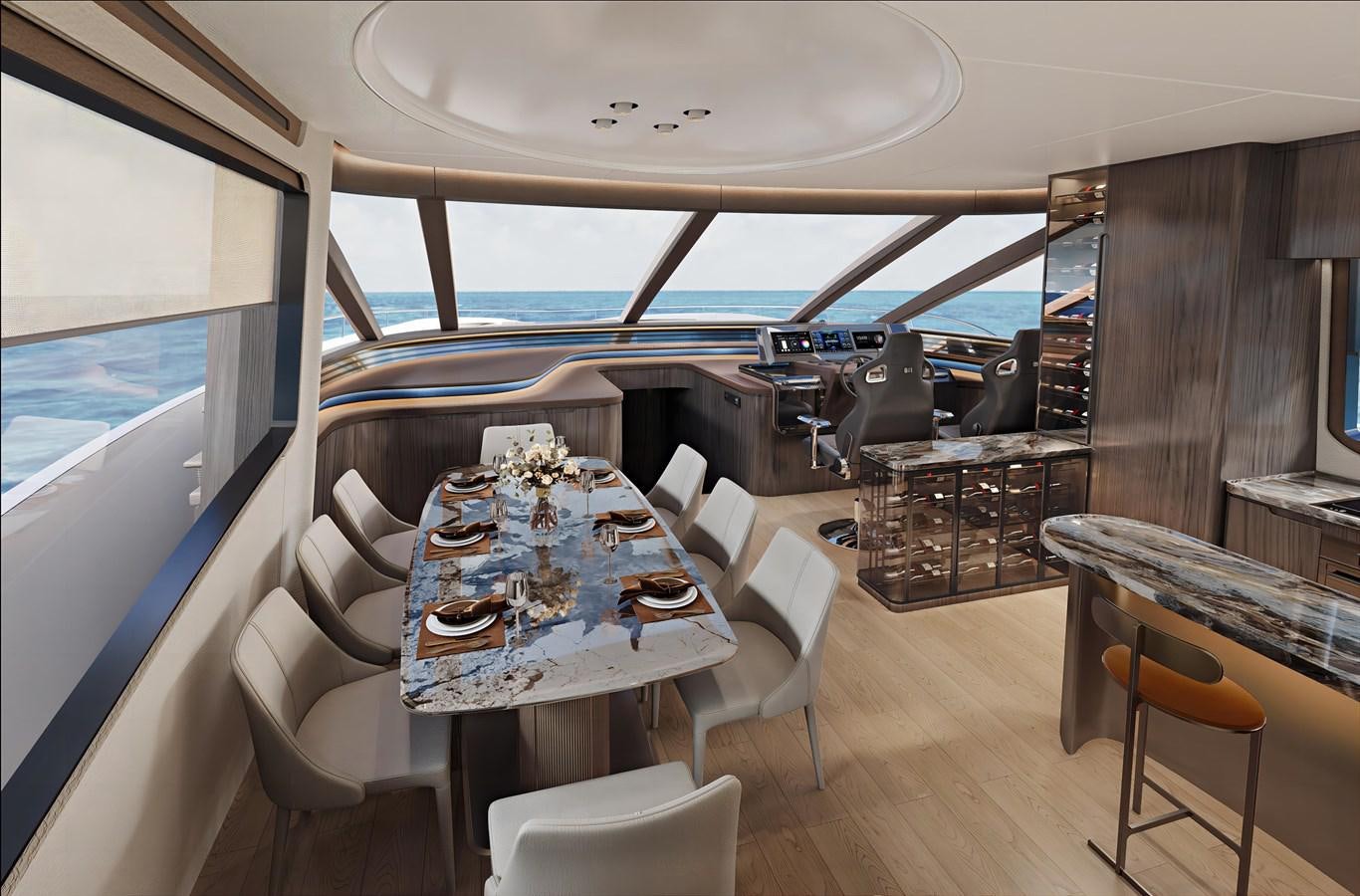 a room with a table and chairs aboard AQUITALIA 68 Yacht for Sale