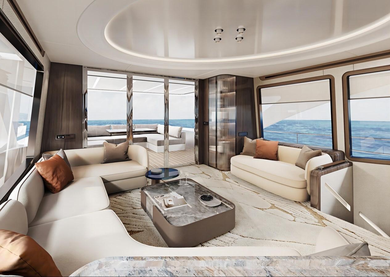 a living room with a large window aboard AQUITALIA 68 Yacht for Sale