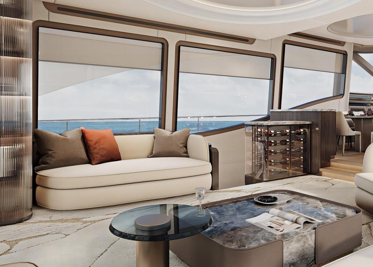 a living room with a couch and a coffee table aboard AQUITALIA 68 Yacht for Sale