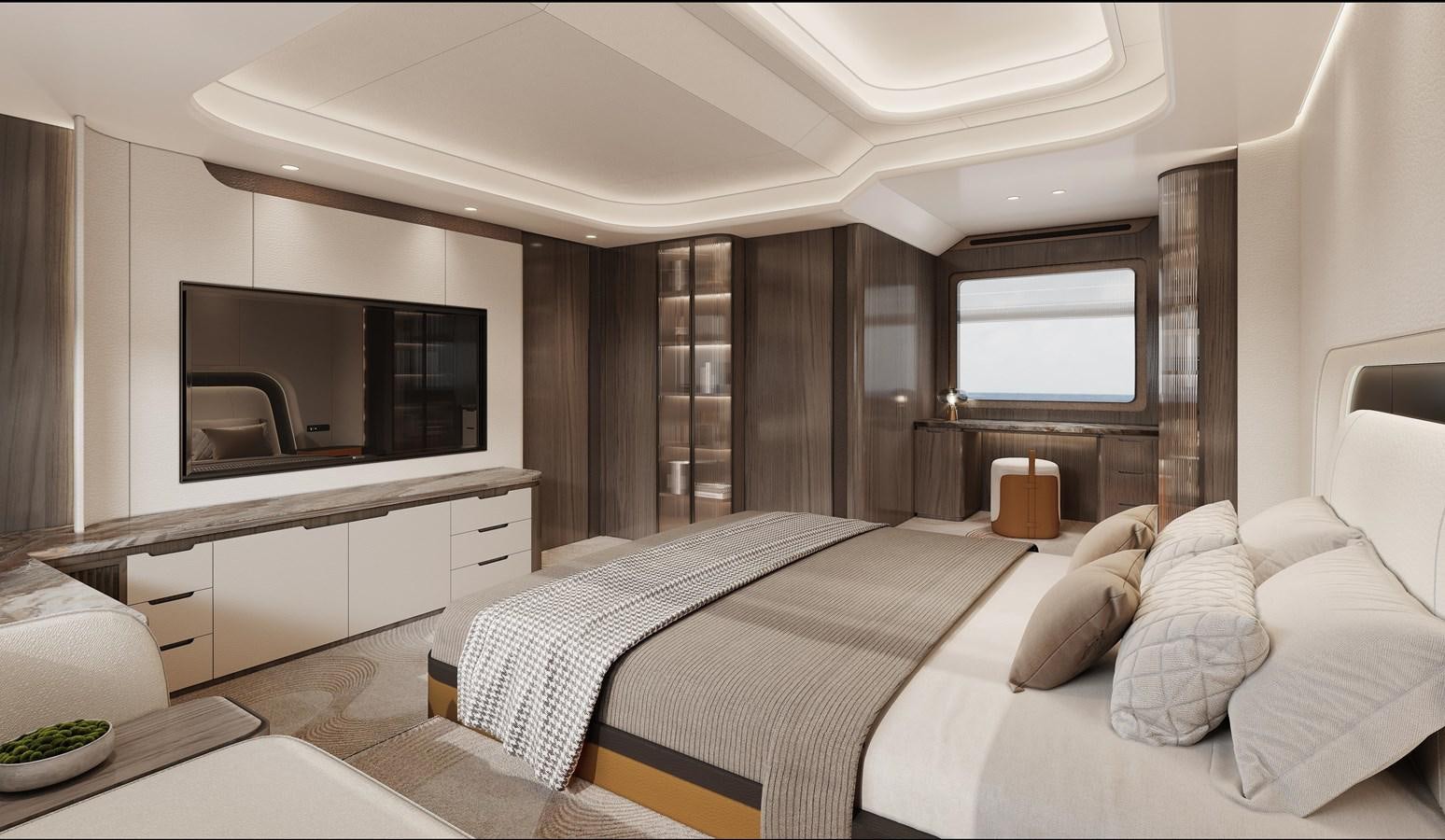 a room with a bed and a tv aboard AQUITALIA 68 Yacht for Sale