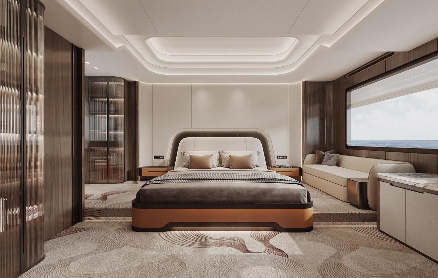 a bedroom with a bed and a window aboard AQUITALIA 68 Yacht for Sale