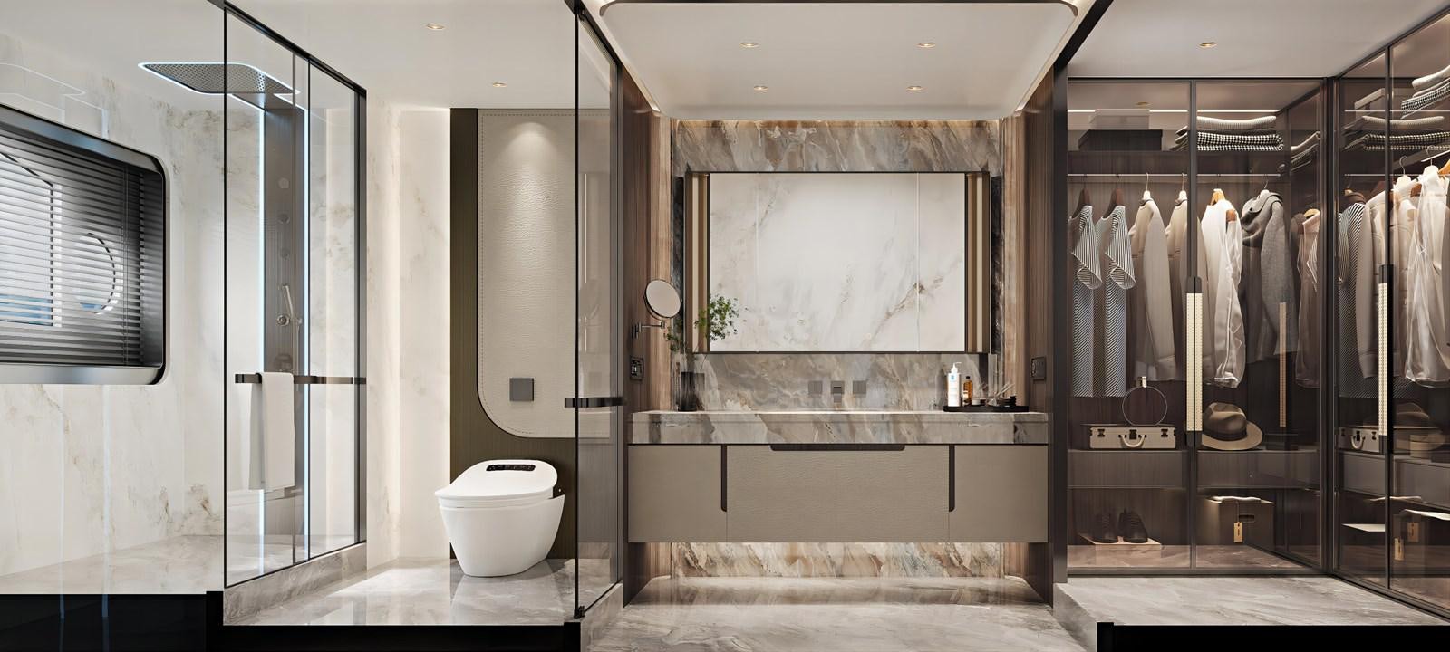 a bathroom with a glass shower aboard AQUITALIA 68 Yacht for Sale