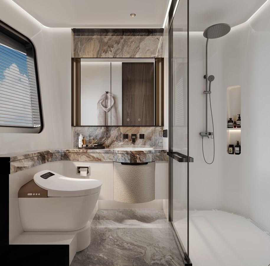 a bathroom with a tub sink and a toilet aboard AQUITALIA 68 Yacht for Sale
