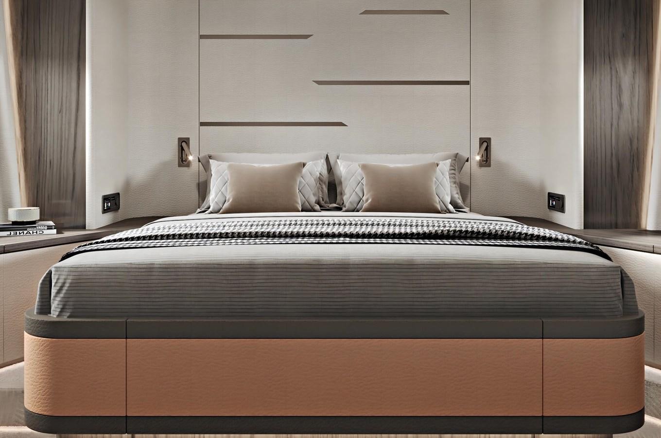 a bed with a black frame aboard AQUITALIA 68 Yacht for Sale