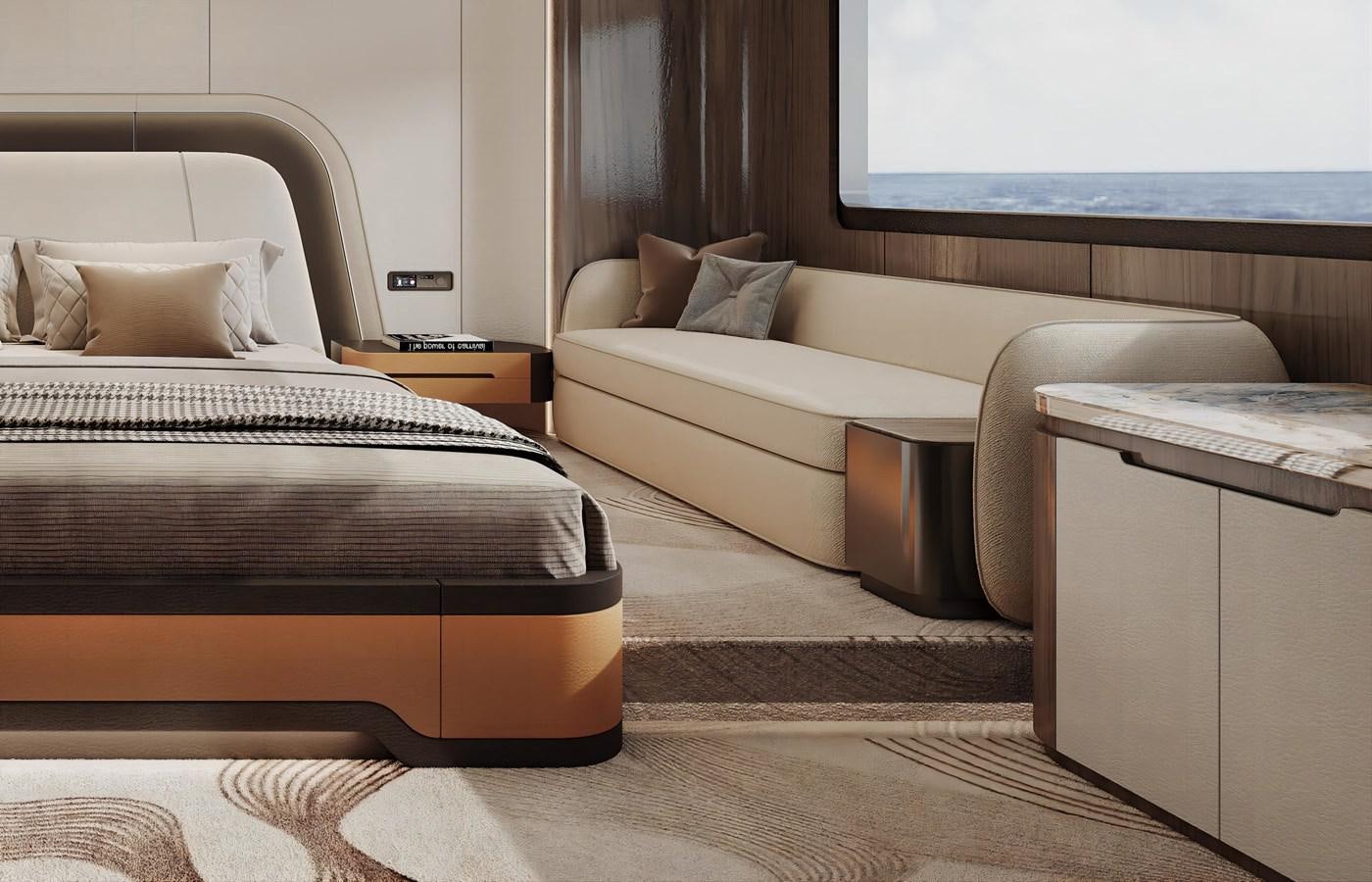 a room with a bed and a desk aboard AQUITALIA 68 Yacht for Sale