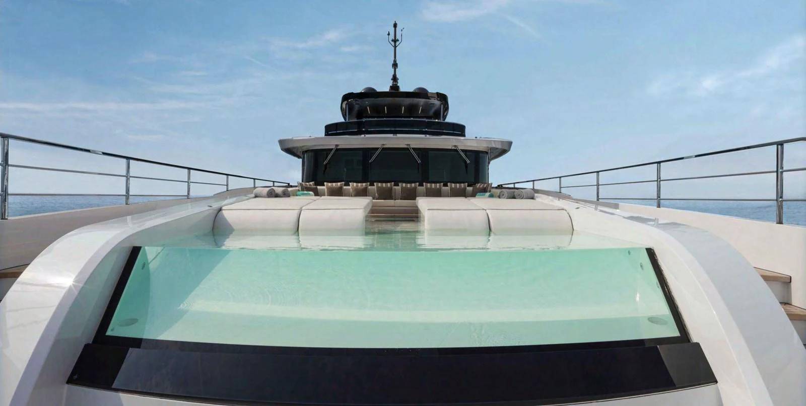 a large white boat with a dome on the front aboard UNASOLA Yacht for Sale