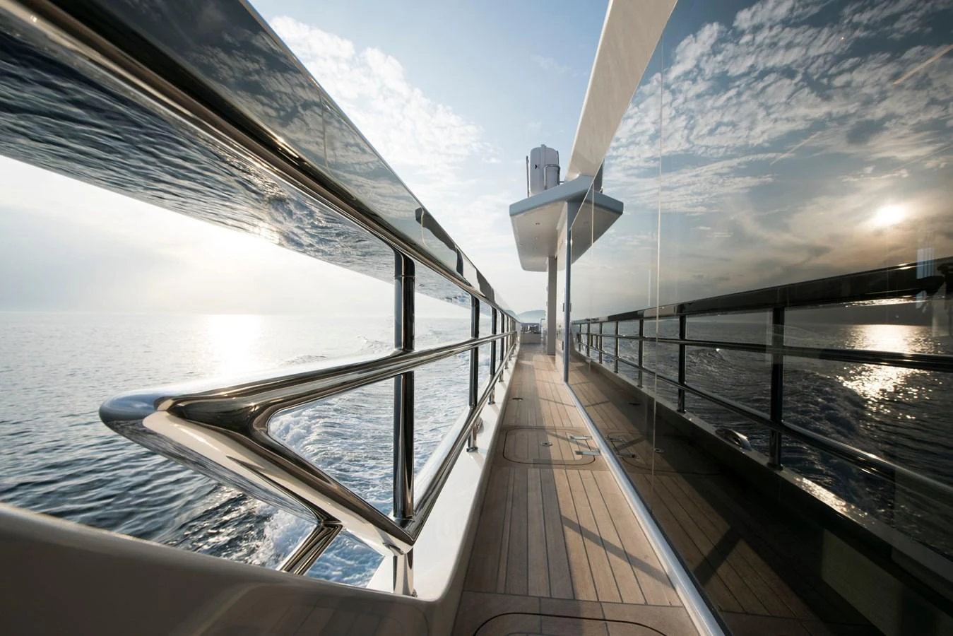 a wooden walkway on a boat aboard PICCOLO @ FLIBS Yacht for Sale