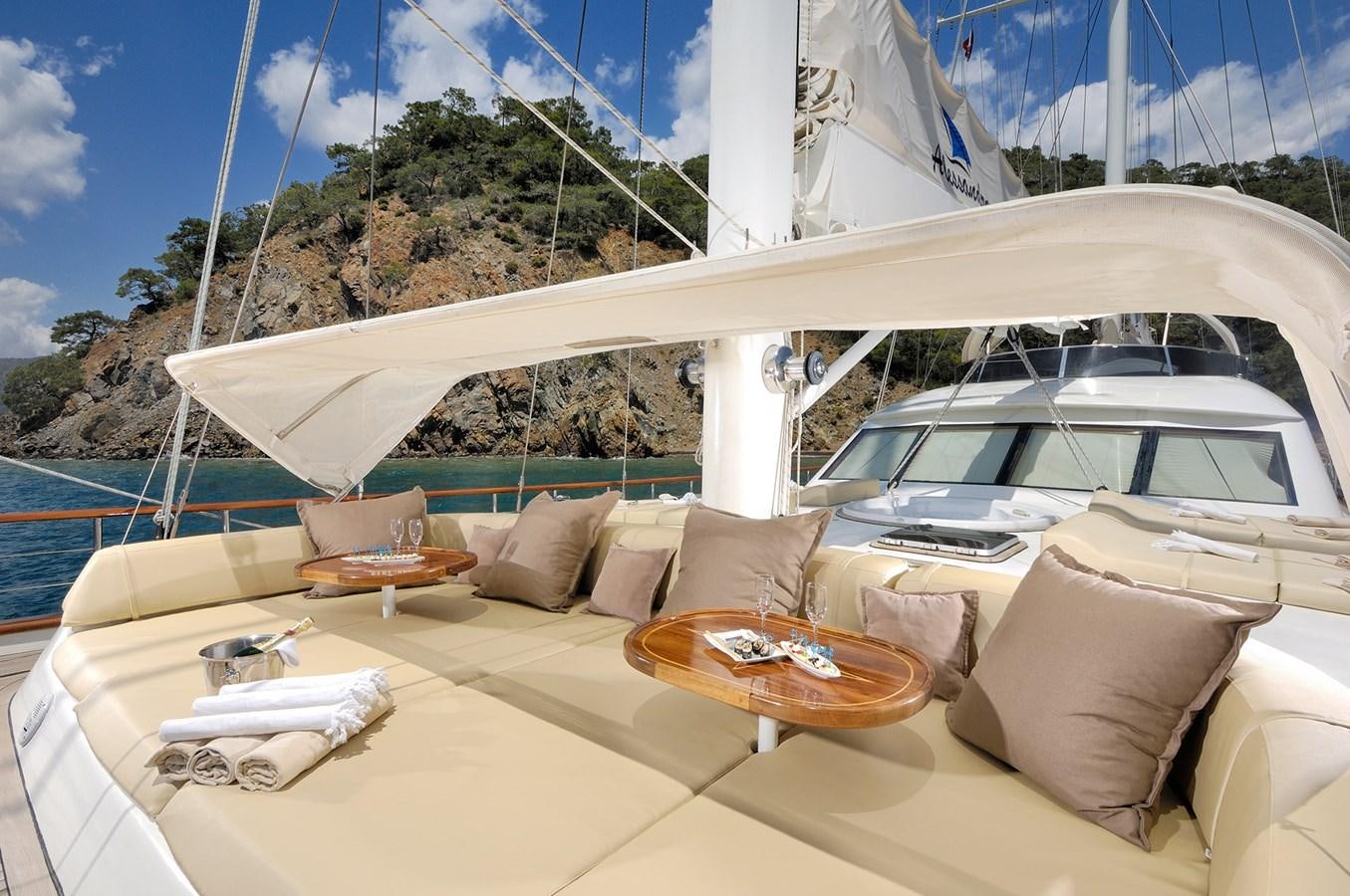 a bed with a white canopy aboard ALESSANDRO I Yacht for Sale