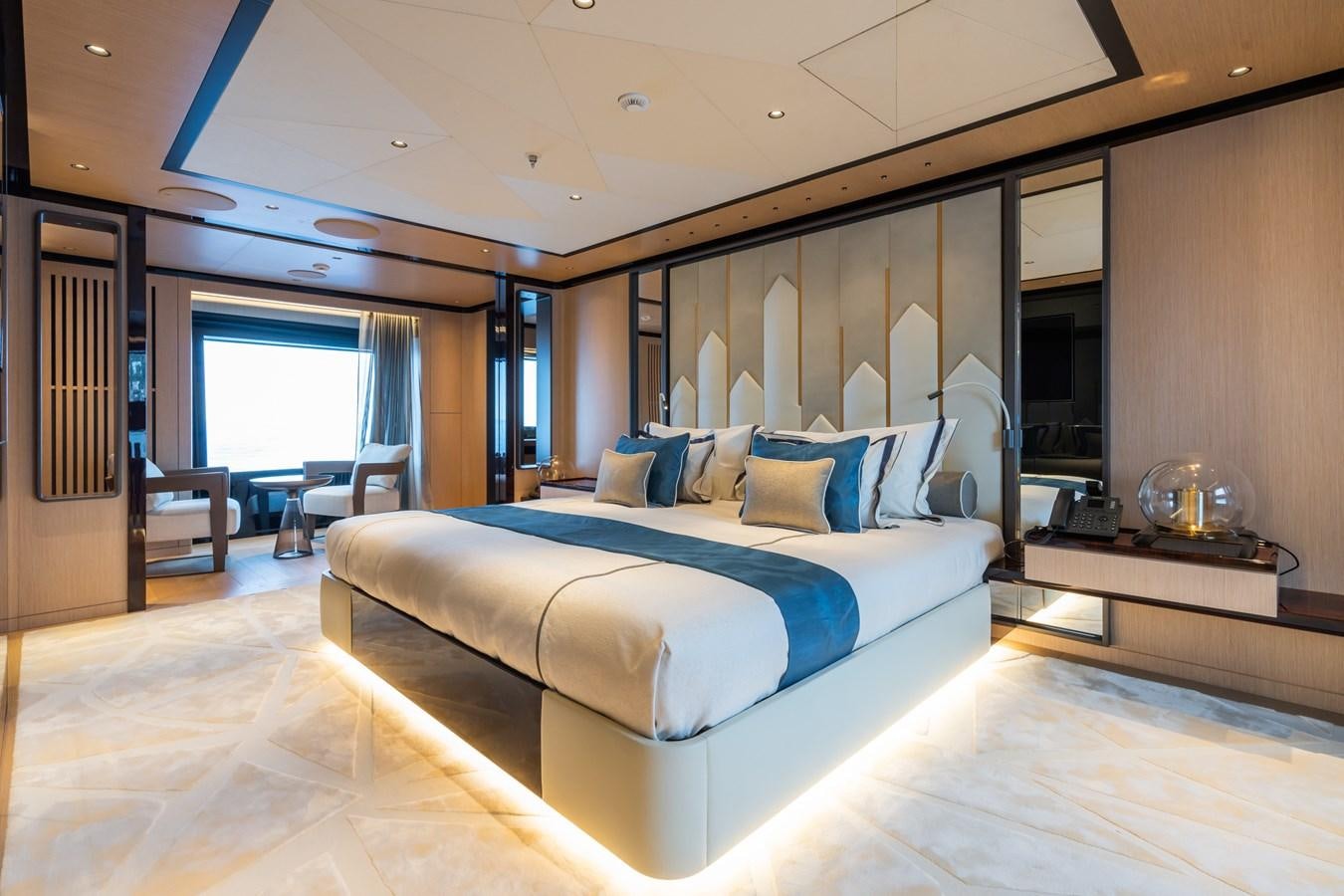 a large bed in a room aboard JIMMY Yacht for Sale
