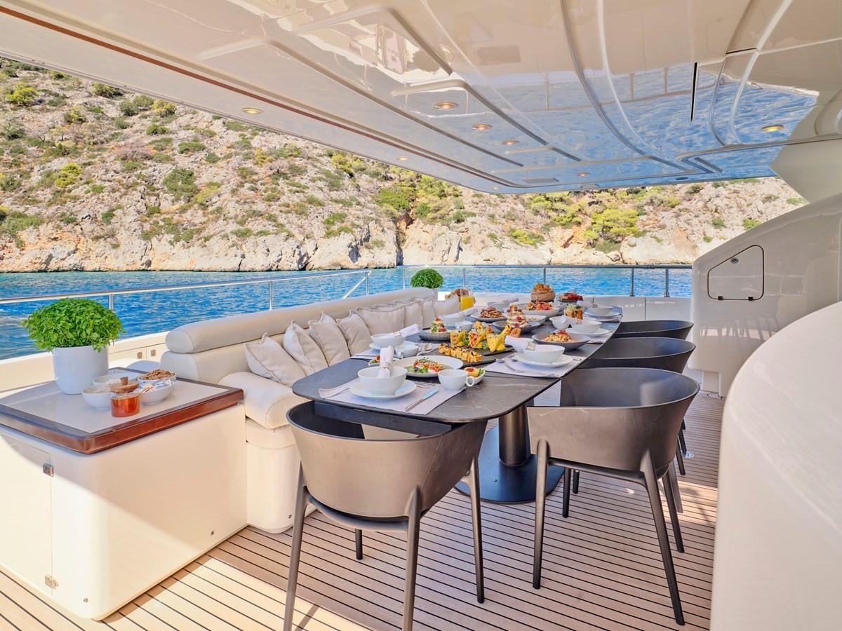 a table with food on it aboard SEVEN S Yacht for Sale