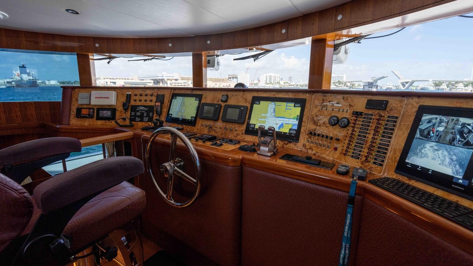 inside of a vehicle with computers and monitors aboard NEVER SETTLE Yacht for Sale