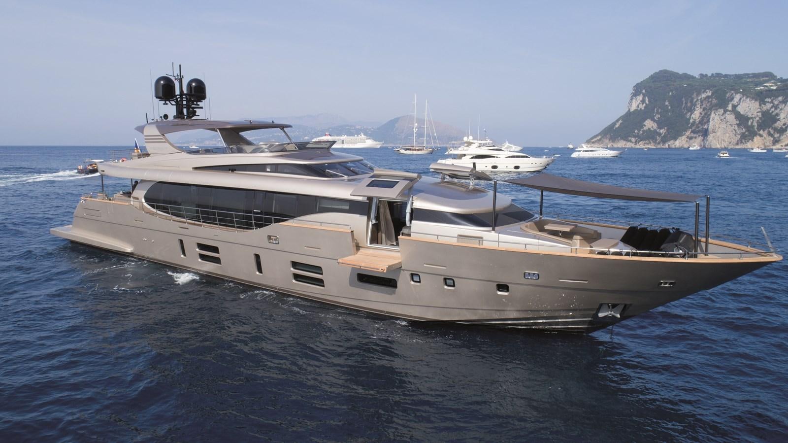 a white yacht in the water aboard CANADOS 122’ CAESAR RPH Yacht for Sale