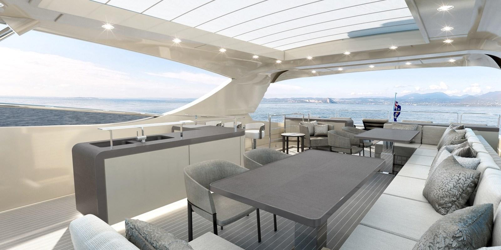 a room with a table and chairs aboard CANADOS 122’ CAESAR RPH Yacht for Sale