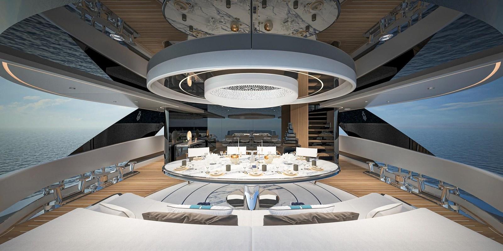 a space ship with a large space ship in the background aboard CUSTOM V43 Yacht for Sale