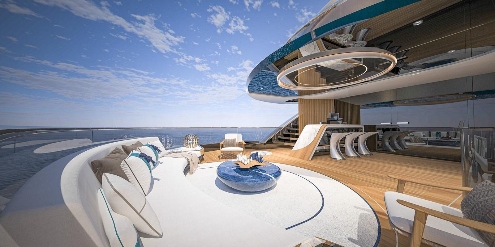 a large white table with chairs and a large round white table with a blue sky and white clouds aboard CUSTOM V43 Yacht for Sale