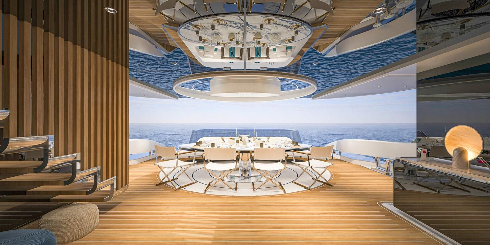 a room with a large white and blue ceiling and a large chandelier aboard CUSTOM V43 Yacht for Sale