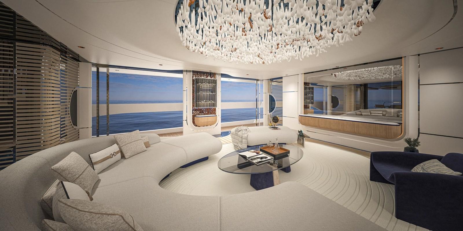 a living room with a large window aboard CUSTOM V43 Yacht for Sale