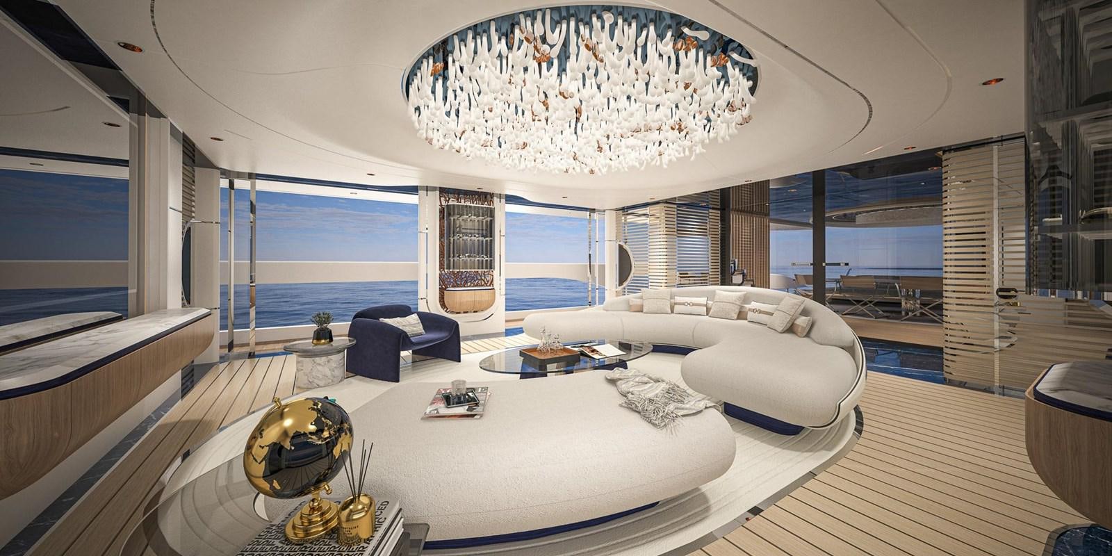 a large living room with a large chandelier aboard CUSTOM V43 Yacht for Sale
