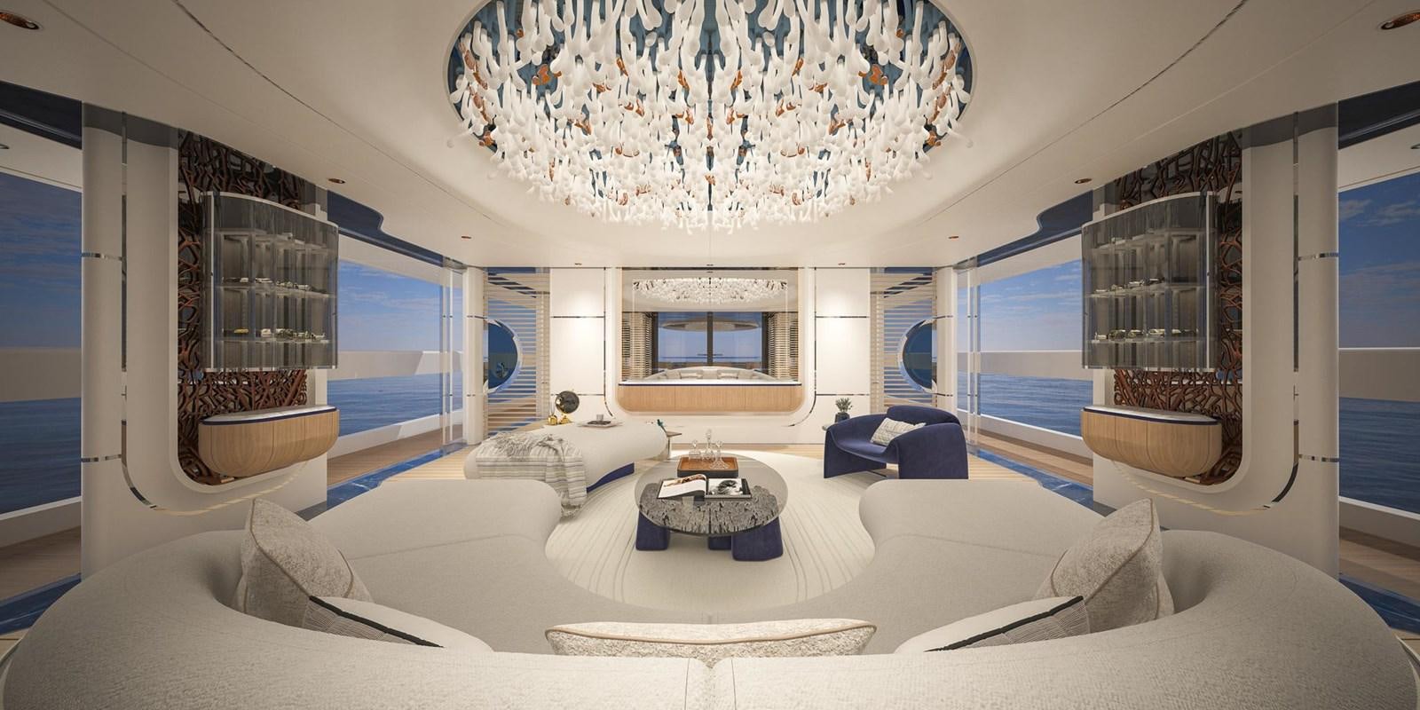 a large white room with a large white bed and a chandelier aboard CUSTOM V43 Yacht for Sale