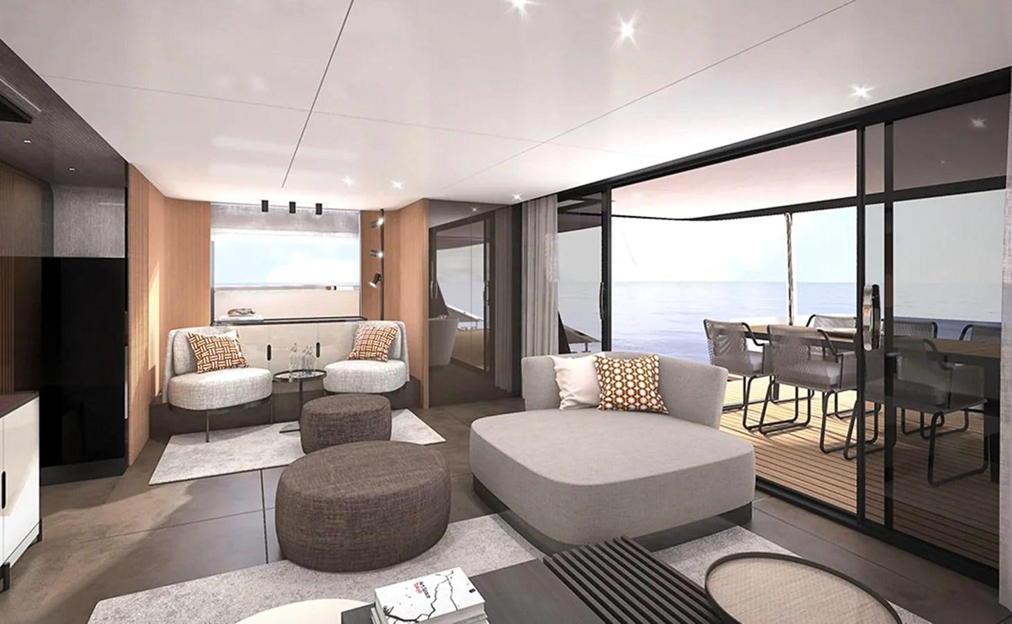 a living room with a large window aboard AQUON ONE Yacht for Sale