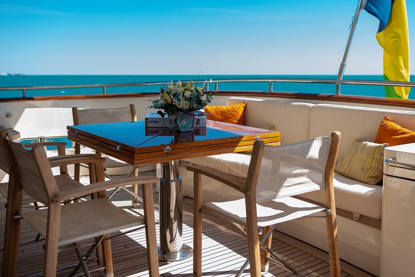 a table and chairs on a balcony aboard CIAO Yacht for Sale