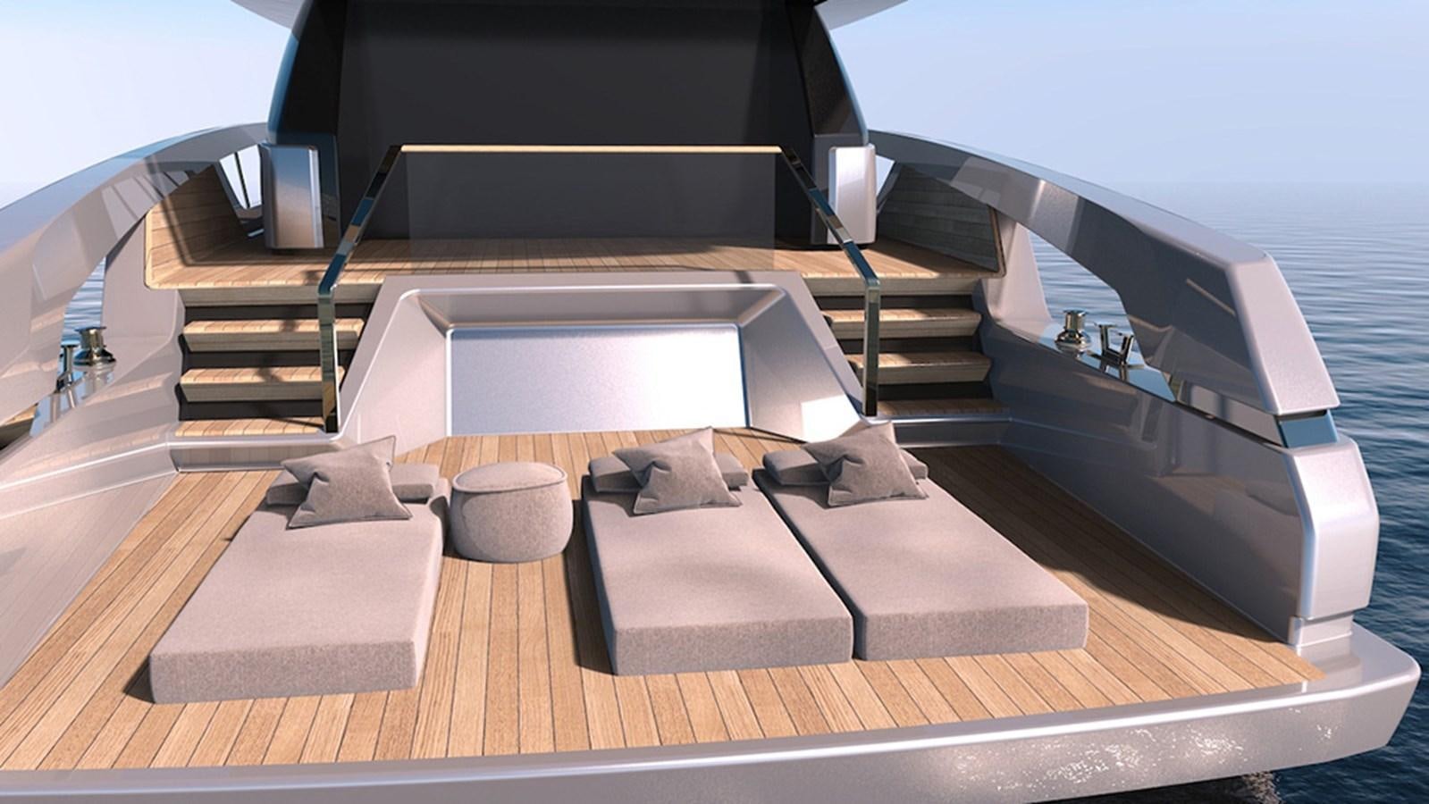 a bed with a black frame aboard EB Yacht for Sale