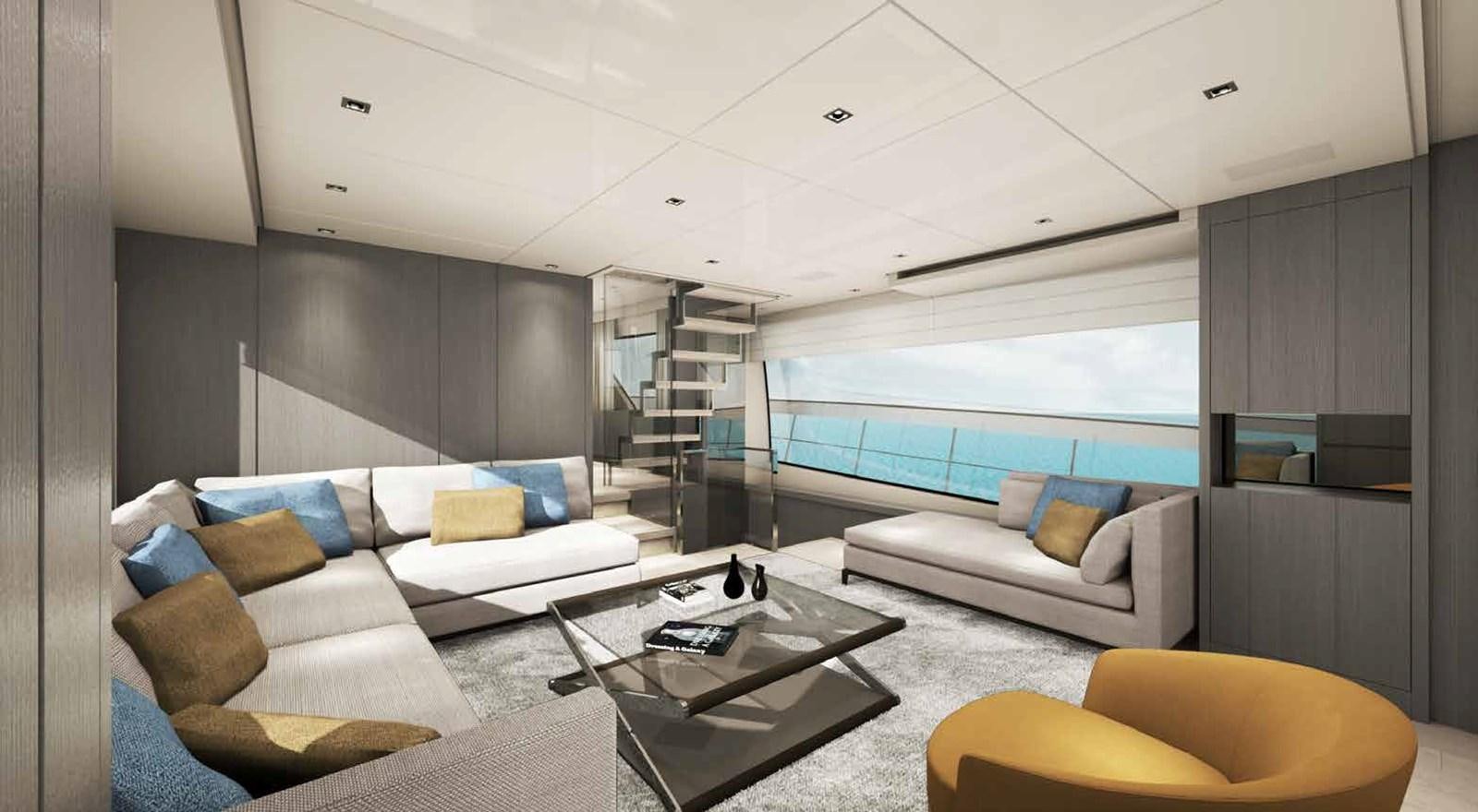 a living room with a large window aboard EB Yacht for Sale