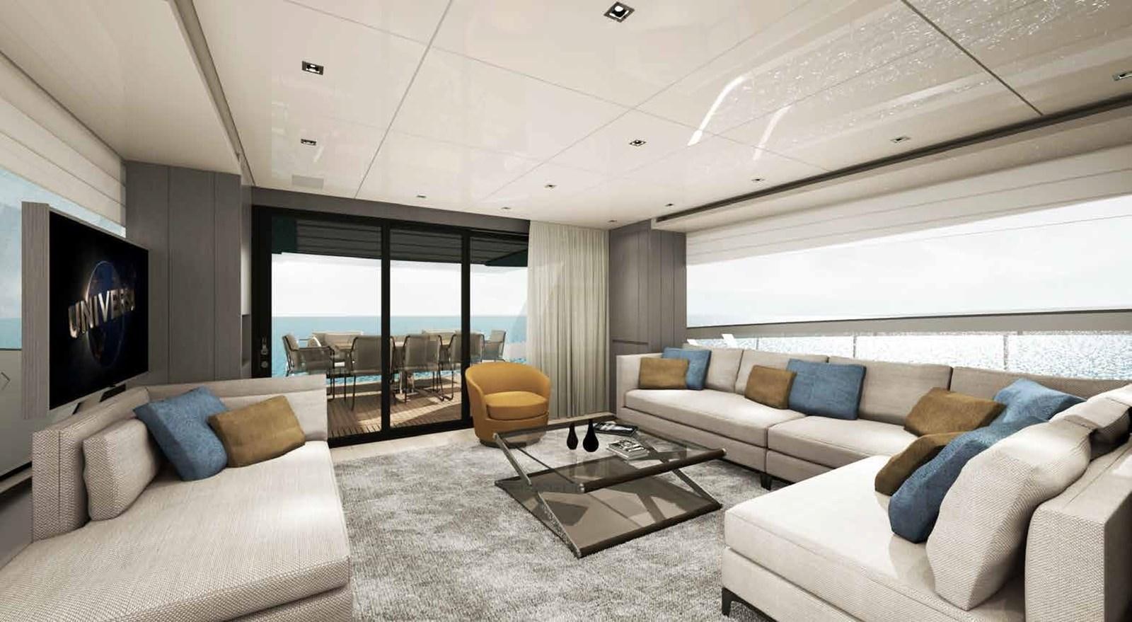 a living room with a large window aboard EB Yacht for Sale